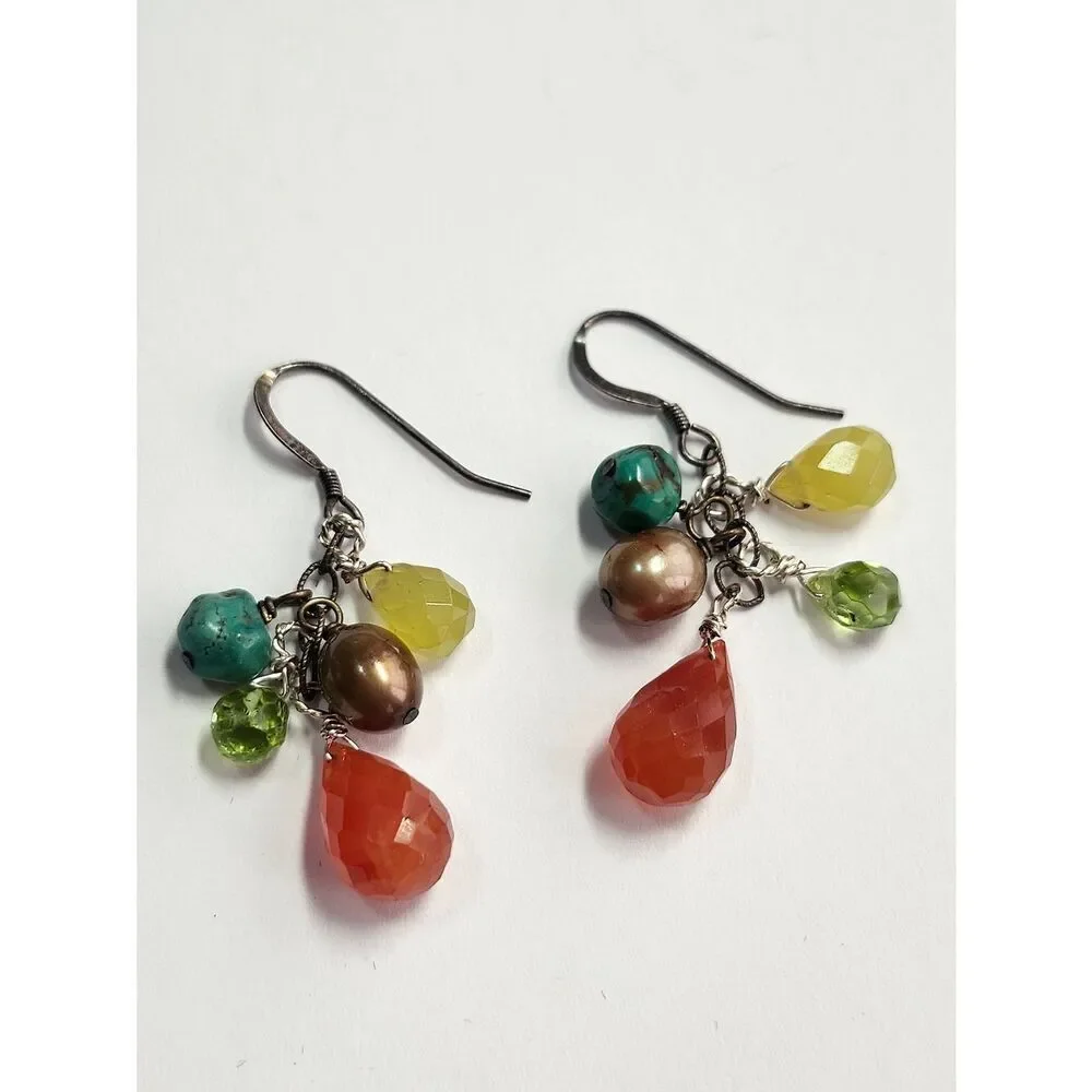Multi-Gemstone And Pearl Cluster Drop Earrings Sterling Silver